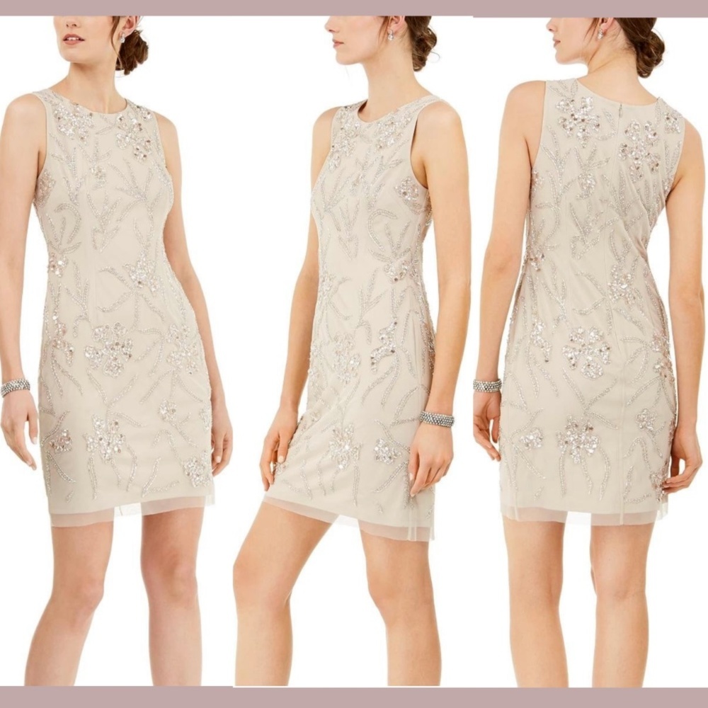 NWT Adrianna Papell [SZ 4 ] Sleeveless Embellished Dress in Biscotti‎
